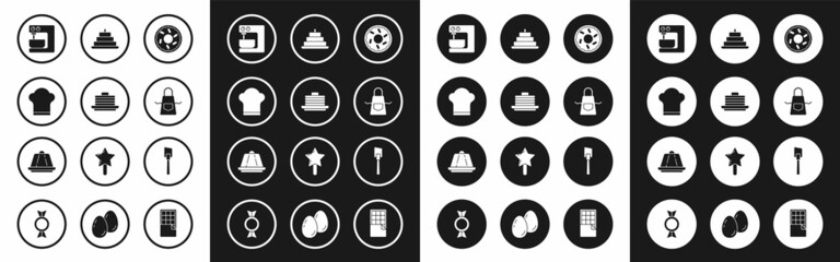 Set Donut, Stack of pancakes, Chef hat, Electric mixer, Kitchen apron, Cake with burning candles, Spatula and Pudding custard icon. Vector