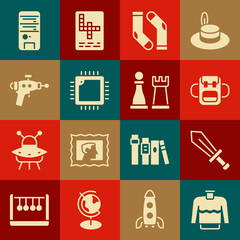 Set Sweater, Sword for game, School backpack, Socks, Processor with CPU, Ray gun, Computer and Chess icon. Vector