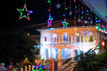 Select focus starlight and Christmas background in the Tha Rae village location  Sakon Nakhon,...