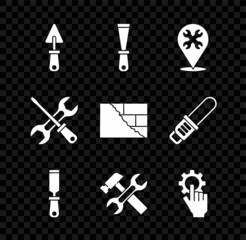 Set Trowel, Putty knife, Location with wrench, Rasp metal file, Hammer and, Settings in the hand, Screwdriver and Bricks icon. Vector
