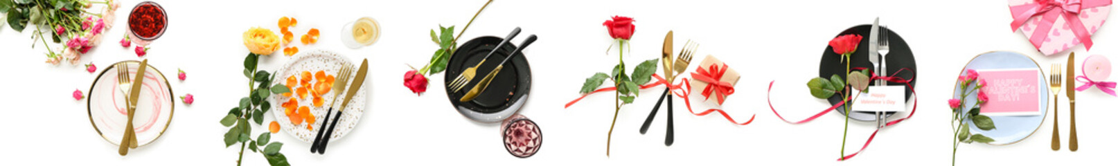 Festive table setting for Valentines Day celebration on white background