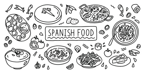 Spanish cuisine, food. Simple doodle outline style. Vector stock black and white illustration.