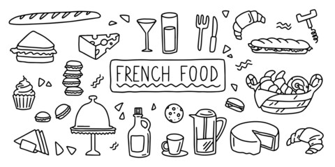 French cuisine, food. Simple doodle outline style. Raster stock black and white illustration.