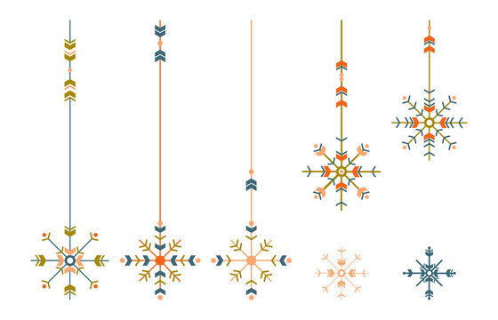 Snowflakes vector set in boho style. Hand drawn vector illustration for greeting cards and Christmas design.