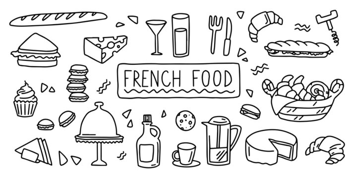 French cuisine, food. Simple doodle outline style. Raster stock black and white illustration.