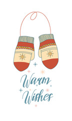 Greeting Christmas card with pair of winter mittens isolated on white background. Vector illustration in boho style. Warm mitten and lettering.