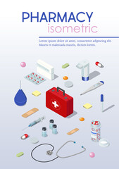 Pharmacy Poster With Isometric Icons. Vector illustration for medical flyer, booklet, leaflet print, cover design with isometric icons. Template design.