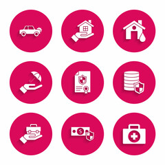 Set Contract with shield, Money, First aid kit, Hand holding briefcase, Umbrella hand, House flood and Car icon. Vector