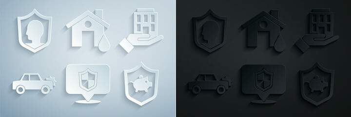 Set Location shield, House in hand, Car, Piggy bank with, flood and Life insurance icon. Vector