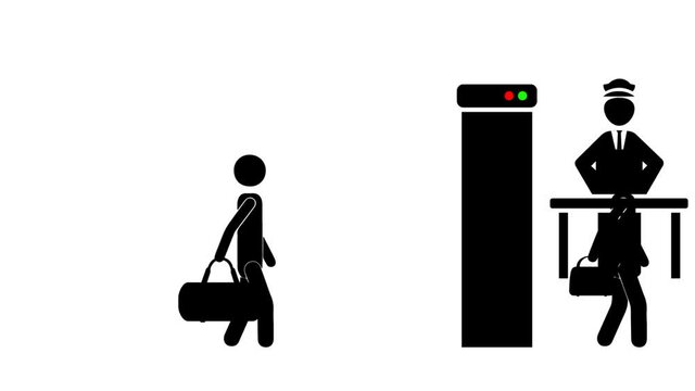 A silhouette of people at the airport are checking their luggage through the machine, the controller checks the bags. 4K vector animation