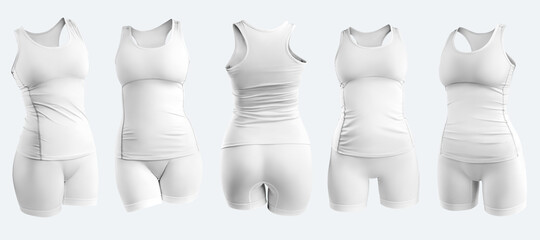 Mockup of a white tracksuit, tank top, shorts, 3D rendering, isolated on background.