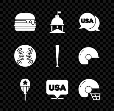 Set Burger, White House, USA Independence day, Balloons, American football helmet, Baseball and bat icon. Vector