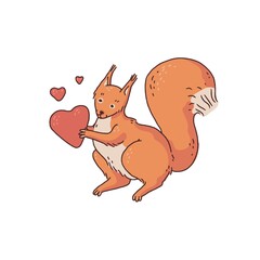 Red squirrel with hearts. Cartoon outline sketch illustration of cute animal character.