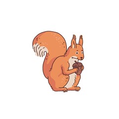 Red squirrel with acorn. Cartoon outline sketch illustration of cute animal character.