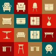 Set Armchair, Office desk, Vase, Chair, Chest of drawers, Big bed, and Wardrobe icon. Vector