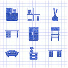 Set Wardrobe, Furniture nightstand with lamp, Office desk, Chair, Sofa, Vase and icon. Vector