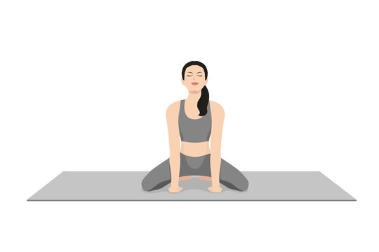 Lion Pose, Simhasana, Roaring Lion Pose  Young attractive woman practicing yoga exercise. working out, black wearing sportswear, grey pants and top, indoor full length, calmness and relax.