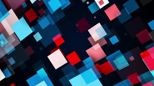 Quadrangular shapes in 3d render of random movement. Futuristic cyber landscape with transparent geometric layers and shifting structures. Creative graphic web interior.