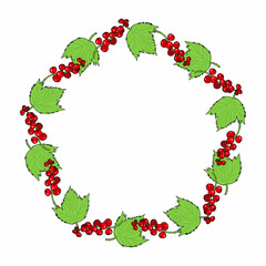 Round frame with red currant and leaves on white background. Vector image.