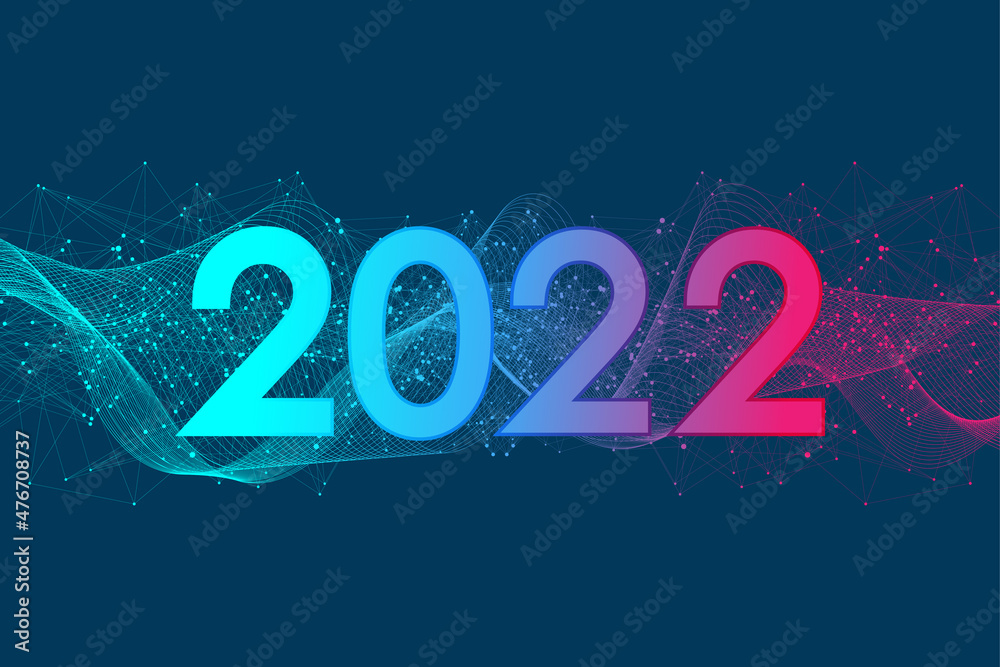 Leinwandbilder Modern futuristic technology template illustration for Merry Christmas and Happy New Year 2022 with connected lines and dots. Plexus geometric effect. Global network connection.