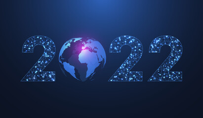 Modern futuristic technology template illustration for Merry Christmas and Happy New Year 2022 with connected lines and dots. Plexus geometric effect. Global network connection.