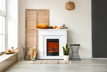 Interior of light room with modern fireplace, folding screen and basket