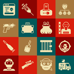 Set TV News car, Headshot, Suspect criminal, Grave with tombstone, Briefcase and money, Pistol or gun, System bug and Wallet icon. Vector