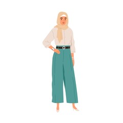 Modern Arab woman portrait. Muslim female wearing hijab and fashion clothes. Arabian person in trendy outfit, headscarf and pants. Flat graphic vector illustration isolated on white background