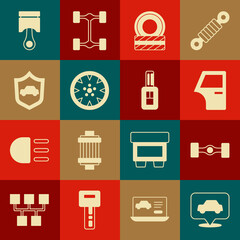Set Car service, Chassis car, door, tire wheel, Alloy, with shield, Engine piston and key remote icon. Vector