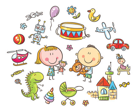 Doodle kids with toys set, hand drawing