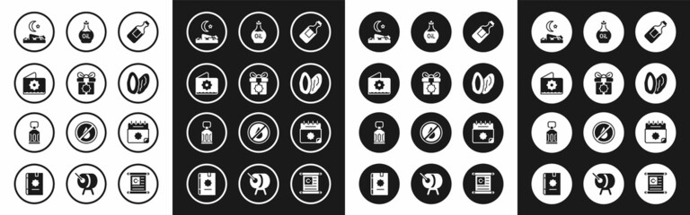 Set Bottle of water, Gift box, Octagonal star, Muslim man prays, Date fruit, Essential oil bottle, Ramadan calendar and Kareem lantern icon. Vector