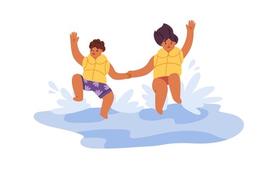 Happy kids jumping into water. Cheerful children having fun in pool on summer holidays. Joyful excited boy and girl swimming and playing. Flat vector illustration isolated on white background