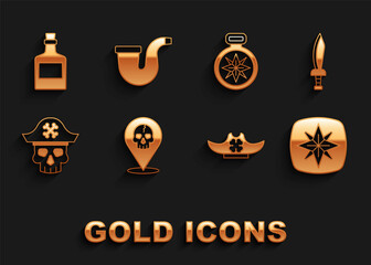 Set Location pirate, Pirate sword, Wind rose, hat, captain, Compass, Alcohol drink Rum and Smoking pipe icon. Vector