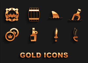 Set Alcohol drink Rum, Bottle with message water, Pirate sword, coin, Shark fin ocean wave, Ship porthole seascape and Wooden barrel icon. Vector