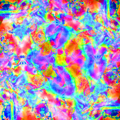 Fototapeta na wymiar Creación de arte digital psicodélico compuesto de manchas difuminadas y solapadas formando una especie de conglomerado caleidoscópico en colores de fantasía.