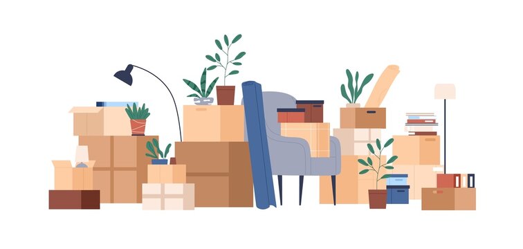 Boxes packed with home stuff and belongings. Cardboards pile and furniture for relocation. Lot of cartons heap with supplies, plants in packages. Flat vector illustration isolated on white background