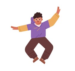 Happy kid jumping up for fun. Cute active child in motion. Positive energetic carefree boy rejoicing. Merry jolly excited person with energy. Flat vector illustration isolated on white background