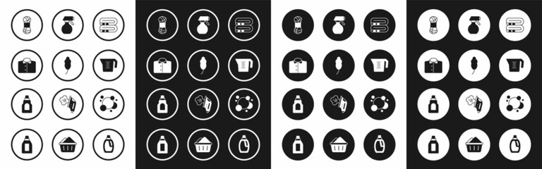 Set Towel stack, Feather, T-shirt, Yarn, Measuring cup, Water spray bottle, Soap water bubbles and Bottle for cleaning agent icon. Vector