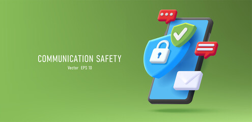 Web banner with 3d render illustration od a smartphone with protection shield with padlock and notification bell and envelope - obrazy, fototapety, plakaty