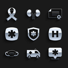 Set Life insurance, Ambulance car, Location hospital, Hospital signboard, Medical protective mask, Emergency - Star of, Certificate template and Awareness ribbon icon. Vector