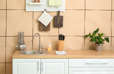 Interior of modern kitchen with white counters, silver sink and utensils