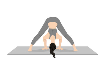 Intense Leg Stretch Pose, Prasarita Padottanasana, Feet Spread Intense Stretch Pose, Wide-Legged Forward Bend Pose. Young attractive woman practicing yoga exercise. working out, black wearing sports - obrazy, fototapety, plakaty