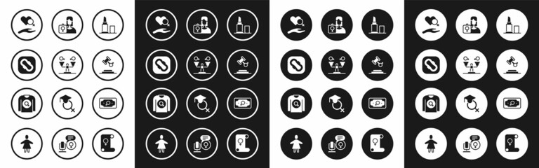 Set Lipstick, Gender equality, Sanitary napkin, Heart with female gender, Female rights, Feminist activist, Money growth woman and shirt icon. Vector