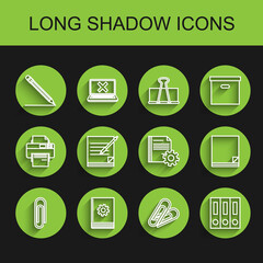 Set line Paper clip, User manual, Pencil with eraser and line, Office folders papers documents, Blank notebook pen, File and Document settings gears icon. Vector