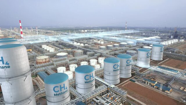Filling tanks with methane, renewable energy production factory plant. Motion graphics concept of ch4 methane loading.