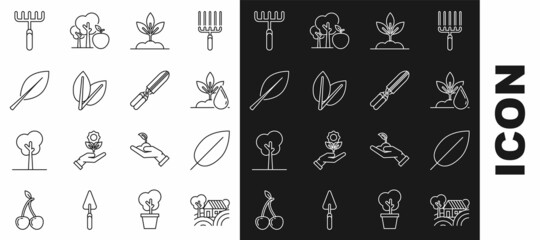 Set line Farm House concept, Leaf, Watering plant, Plant, Leafs, Garden rake and Gardening handmade scissors for trimming icon. Vector
