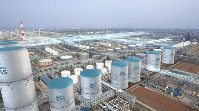 Filling tanks with nature gas, renewable energy production factory plant. Motion graphics concept of nature gas loading.