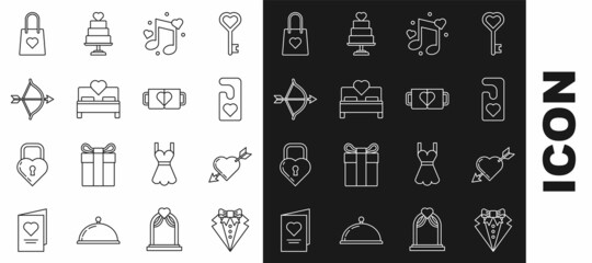 Set line Suit, Amour symbol with heart and arrow, Please do not disturb, Music note, tone hearts, Bedroom, Bow, Shopping bag and Two coffee cup icon. Vector