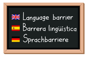 language barrier, blackboard, english, spanish, and german, vector illustration 