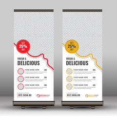 Creative Food Menu, Restaurant Roll Up Banner Template Vector Design, Fast Food and Restaurant Signage Standee Pull Up X Banner Design